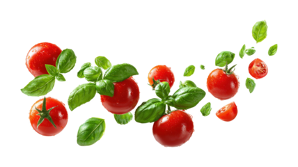 Falling Tomatoes, Basil Leaves, Red, Green, Fresh, Food, Ingredients, Culinary, Pizza, Recipe isolated on a white background
