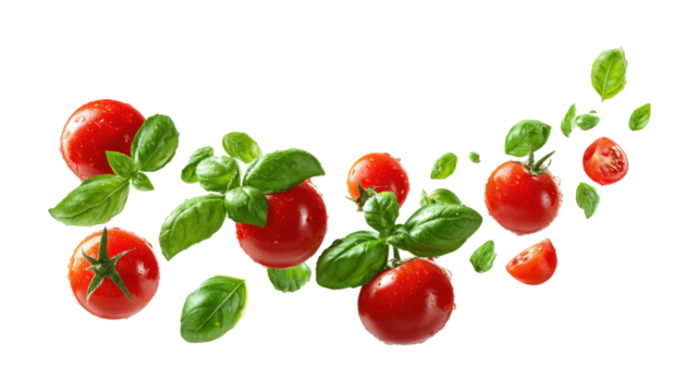 Falling Tomatoes, Basil Leaves, Red, Green, Fresh, Food, Ingredients, Culinary, Pizza, Recipe isolated on a white background