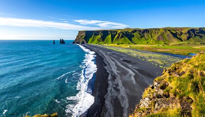 Scenic black sand beach with ocean waves