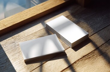 Close-up of blank white business cards on wooden with sunlight and shadows