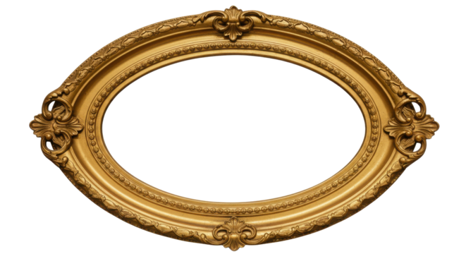 Empty oval gold frame with antique ornate design isolated PNG with Transparent Background