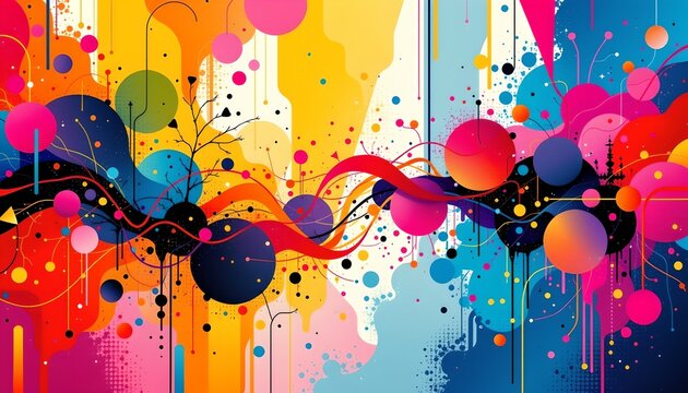 An abstract art piece featuring vibrant splashes of color against a darker background. The style is reminiscent of graffiti art with its bold colors and dynamic patterns. - Powered by Adobe