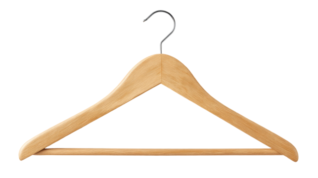 Light-brown wooden clothes hanger with a metal hook