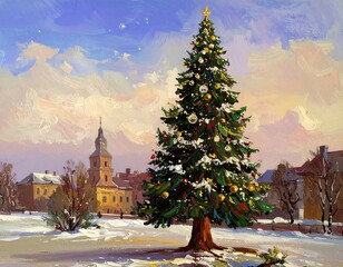 Christmas tree in snowy town