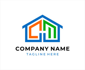 The logo design combines the letters CM and a house, using the colors blue, orange, and green.