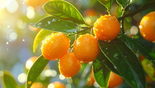 Sunlit citrus fruits on a branch, glistening with water droplets