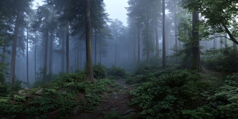 Fototapeta premium Misty forest panorama nature landscape hdr environment scenic view