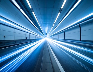 Long-exposure shot of a brightly lit tunnel with streaks of light from speeding vehicles