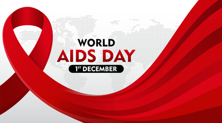 World AIDS Day awareness month. December 1. With world map silhouette and ribbon. Template for Poster, Banner, Flyer, Post, Card, Cover. HIV AIDS prevention design