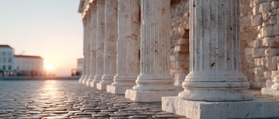 Macro Close Up View of Ancient Greek Temple Pillars at Sunset against Sky and Cityscape