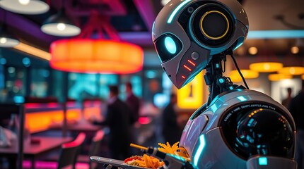 Robot in futuristic restaurant.