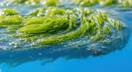 Close up of bright green algae floating on clear blue water surface