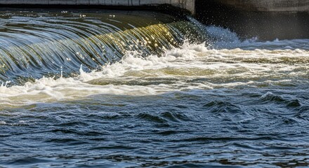 Water rushes over a dam, creating a turbulent and foamy surface.