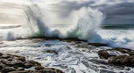 Ocean wave crashing on rocks; ocean view, rock formations, seascape