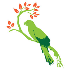 bird on tree, parrot on tree, tree, green, red tree, red leaves 