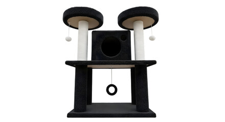 Black cat tree with two perches and a scratching post, isolated on transparent background