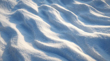 Gentle waves of sunlit snow create a serene winter landscape with sparkling crystals and cool blue shadows