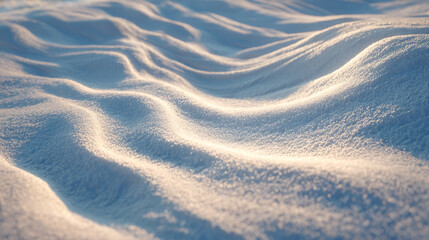 Warm sunlight illuminates the gentle waves of a snow-covered landscape highlighting the sparkling texture and creating cool blue shadows
