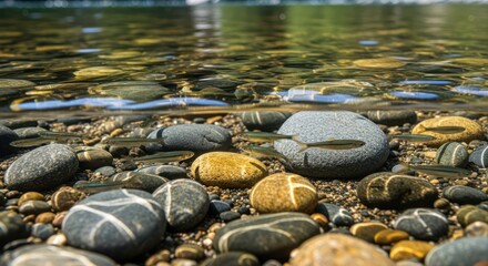Fish swimming in shallow river water over colorful rocks, pebbles