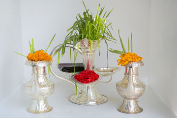 Tika and Jamara placed in a silver utensil with barley sprouts, money, and fruits for the Vijaya Dashami ceremony during Dashain festival in Nepal.