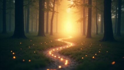 Illuminated Path to Glowing Destination with Self-Care Orbs in Misty Forest