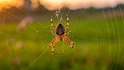 Orb weaver spider centered in its web at sunset, blurred green field background