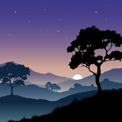 Serene sunset over mountain forest