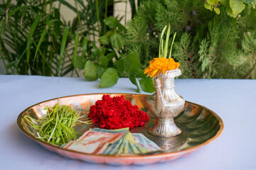 Tika and Jamara placed in a silver utensil with barley sprouts, money, and fruits for the Vijaya Dashami ceremony during Dashain festival in Nepal.