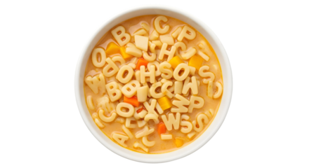 A bowl of alphabet soup with letter pasta and vegetables, isolated on transparent background
