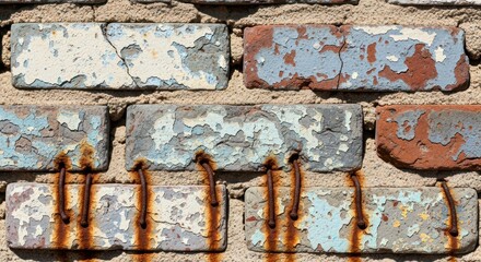 Weathered brick wall background with peeling paint and rusty metal