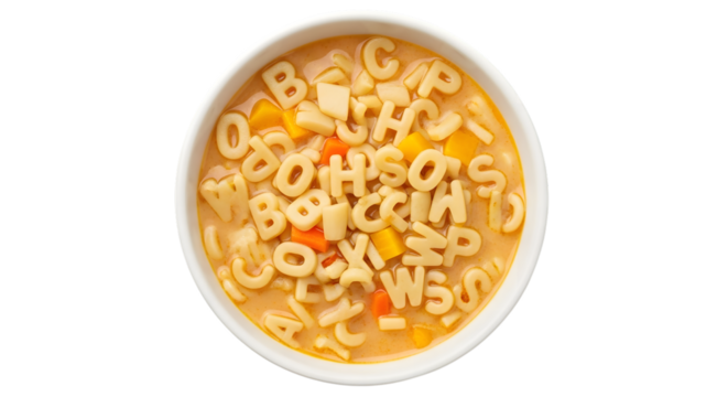 A bowl of alphabet soup with letter pasta and vegetables, isolated on transparent background