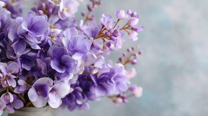 Fototapeta premium Close-up of vibrant purple and lavender wisteria flowers with delicate petals and green stems, blooming against a soft blurred background for sptime floral scenery