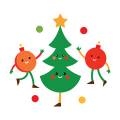 Dancing Christmas Ornament Characters Around Tree Vector Illustration