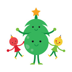 Dancing Christmas Ornament Characters Around Tree Vector Illustration