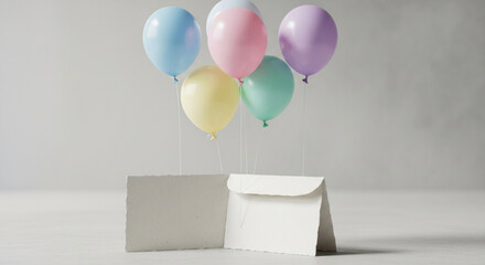 Pastel Birthday Balloons Floating Above a Blank Greeting Card and Envelope