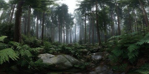 Fototapeta premium Misty forest hdr panorama lush nature scene serene environment tranquil viewpoint