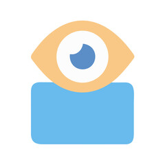 Eye symbol atop blue block, against black backdrop