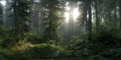 Obraz premium Enchanted forest morning light pacific northwest hdr panoramic nature scene