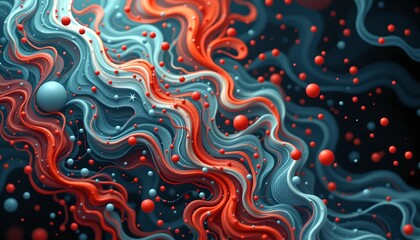 An artistic abstract design with flowing, wave like patterns in various colors like blue, red, and white, against a dark background.