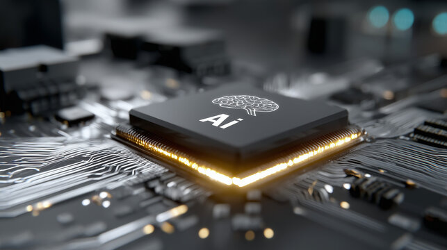 Glowing AI Microprocessor on a Circuit Board