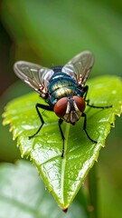 Fototapeta premium Close-up of a colorful fly on a leaf