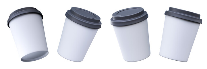Set of 3D White Paper Coffee Cups with Lids