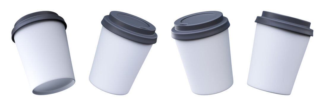Set of 3D White Paper Coffee Cups with Lids