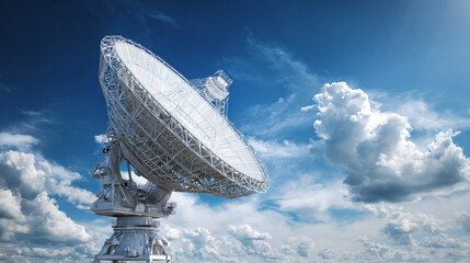 A massive satellite dish points toward a vibrant blue sky filled with white clouds symbolizing modern communication and astronomical research