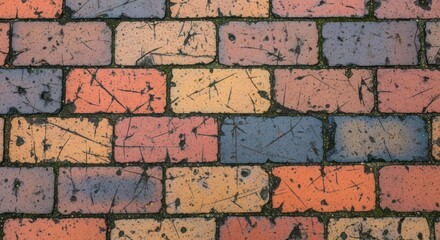 Close up of old worn brick paving surface with dirt and moss