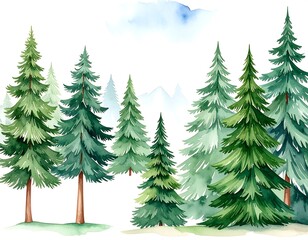 Obraz premium Watercolor painting of a coniferous forest with distant mountains and a light blue sky