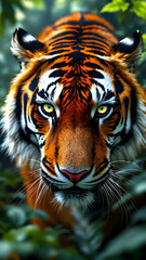 Obraz premium Close up portrait of a tiger with striking yellow eyes staring intently at the viewer in the jungle