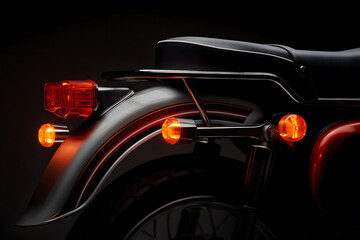 close up rear section of classic motorcycle with glowing tail light captured against dark moody background, vintage automotive photography highlighting chrome detail and timeless style retro bikes