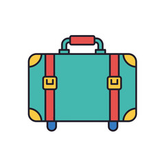 Teal suitcase with red straps and yellow accents on white background.