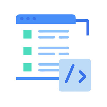 Iconic web development illustration of source code and browser window